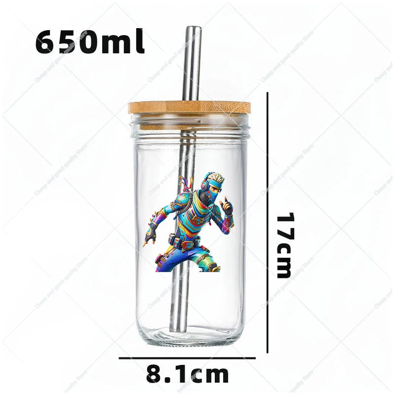 Vaso Cristal FORTNITE 650ML (Pajita acero inoxidable y limpia pajitas de REGALO)