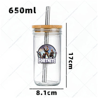 Vaso Cristal FORTNITE 650ML (Pajita acero inoxidable y limpia pajitas de REGALO)