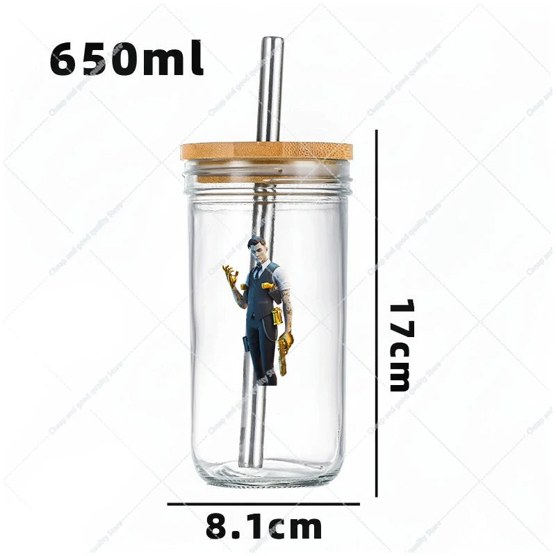 Vaso Cristal FORTNITE 650ML (Pajita acero inoxidable y limpia pajitas de REGALO)