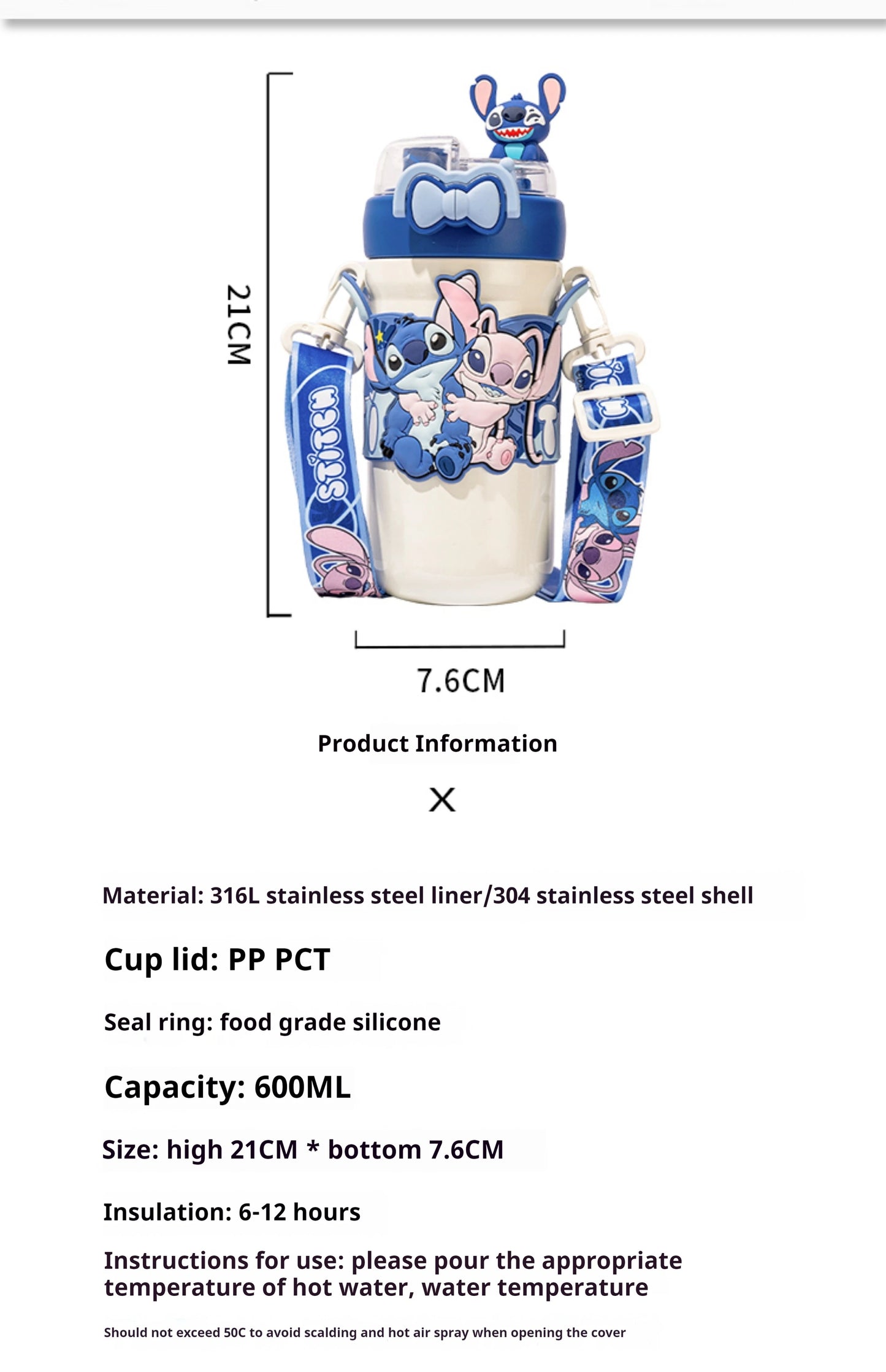 Termo Con Asa y Accesorios Stitch 600ML