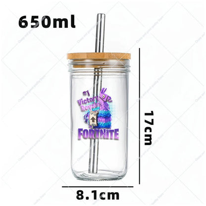 Vaso Cristal FORTNITE 650ML (Pajita acero inoxidable y limpia pajitas de REGALO)